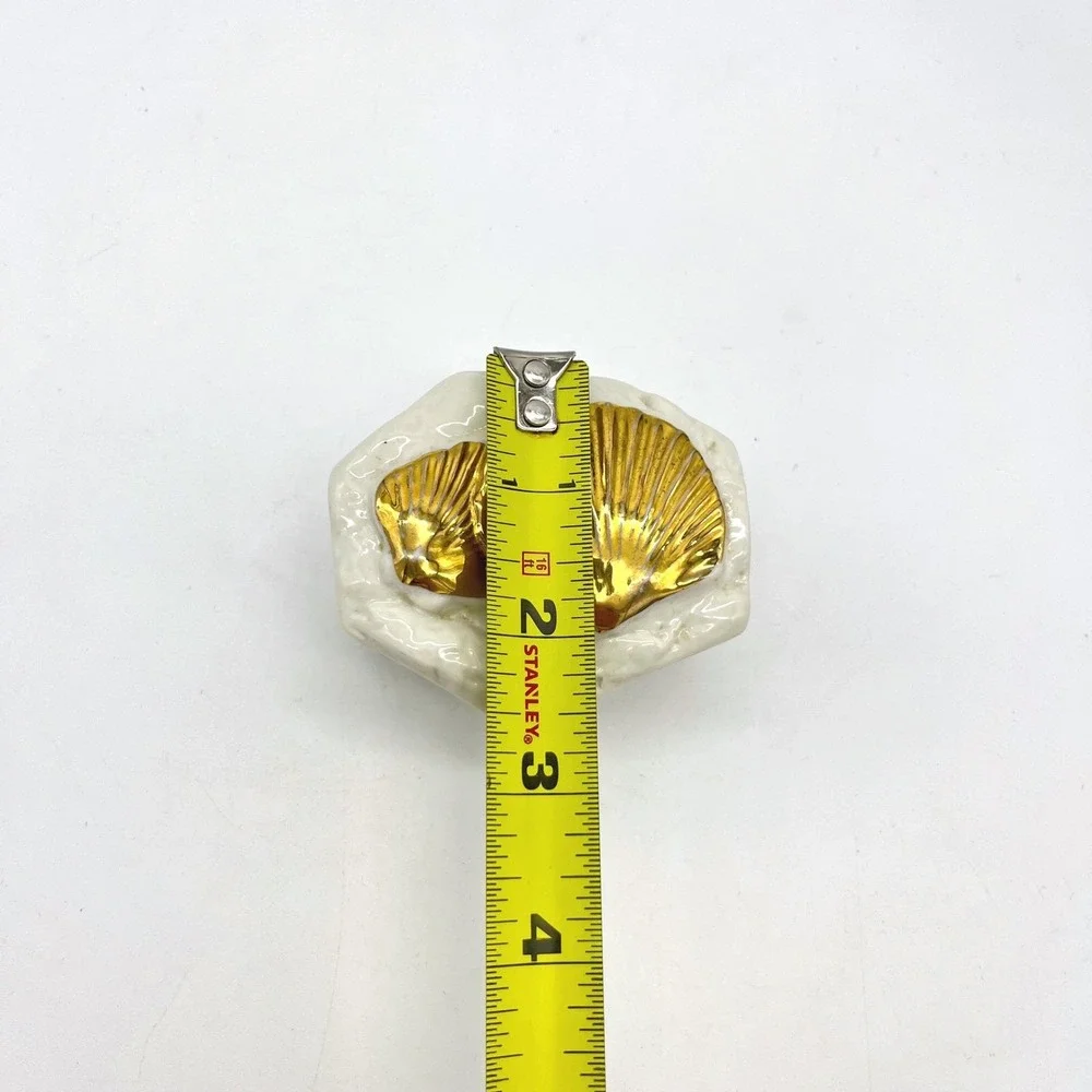 Vintage Gold Shell Ceramic Trinket Box White‎ Hexagon Coastal Jewelry Dish